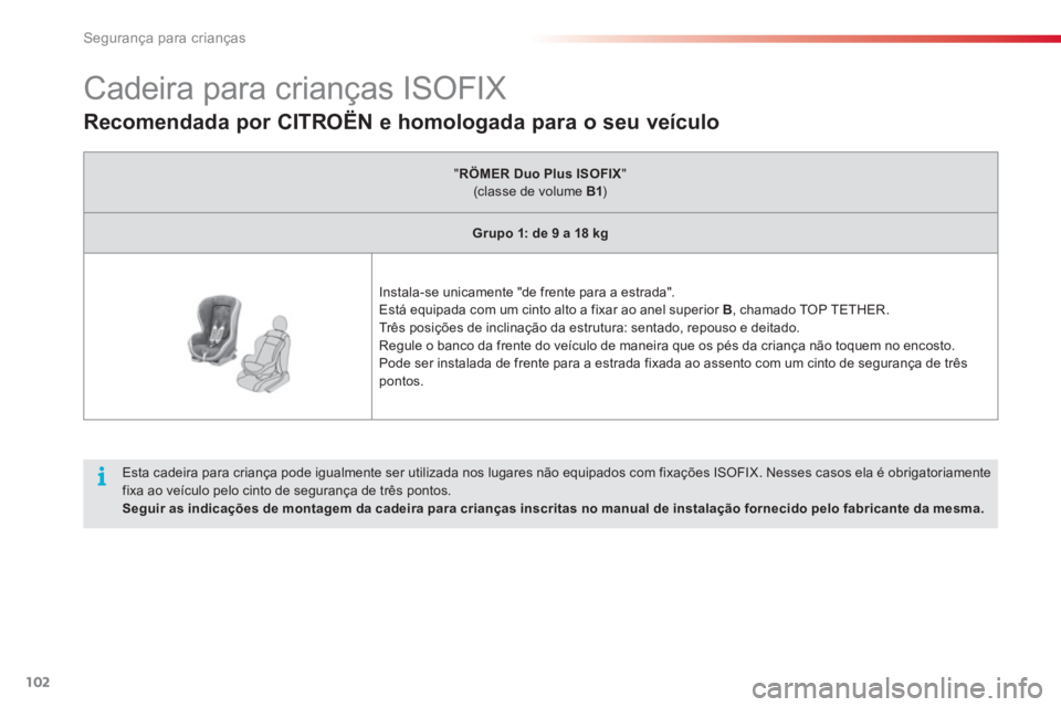CITROEN C3 2014 Manual do condutor (in Portuguese) Segurança para crianças
102
Cadeira para crianças ISOFIX
Esta cadeira para criança pode igualmente ser utilizada nos lugares não equipados com fixações ISOFIX. CITROEN C3 2014 Manual do condutor (in Portuguese) Segurança para crianças
102
Cadeira para crianças ISOFIX
Esta cadeira para criança pode igualmente ser utilizada nos lugares não equipados com fixações ISOFIX.