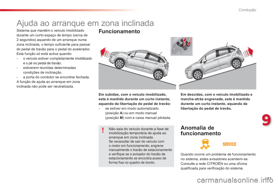 CITROEN C3 2014  Manual do condutor (in Portuguese) 9
Condução
127
   
 
 
 
 
Ajuda ao arranque em zona inclinada 
 
Sistema que mantém o veículo imobilizado
durante um curto espaço de tempo (cerca de 
2 se
gundos) aquando de um arranque numa 
zo
