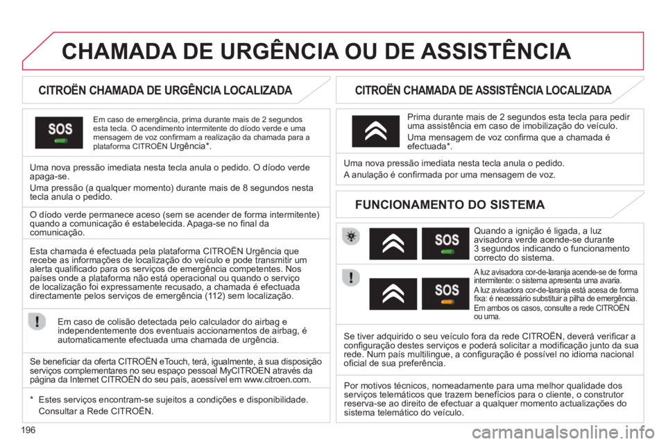 CITROEN C3 2014  Manual do condutor (in Portuguese) 196
CHAMADA DE URGÊNCIA OU DE ASSISTÊNCIA   
 
 
 
 
 
 
 
 
CITROËN CHAMADA DE URGÊNCIA LOCALIZADA  
Em caso de emergência, prima durante mais de 2 segundosesta tecla. O acendimento intermitente