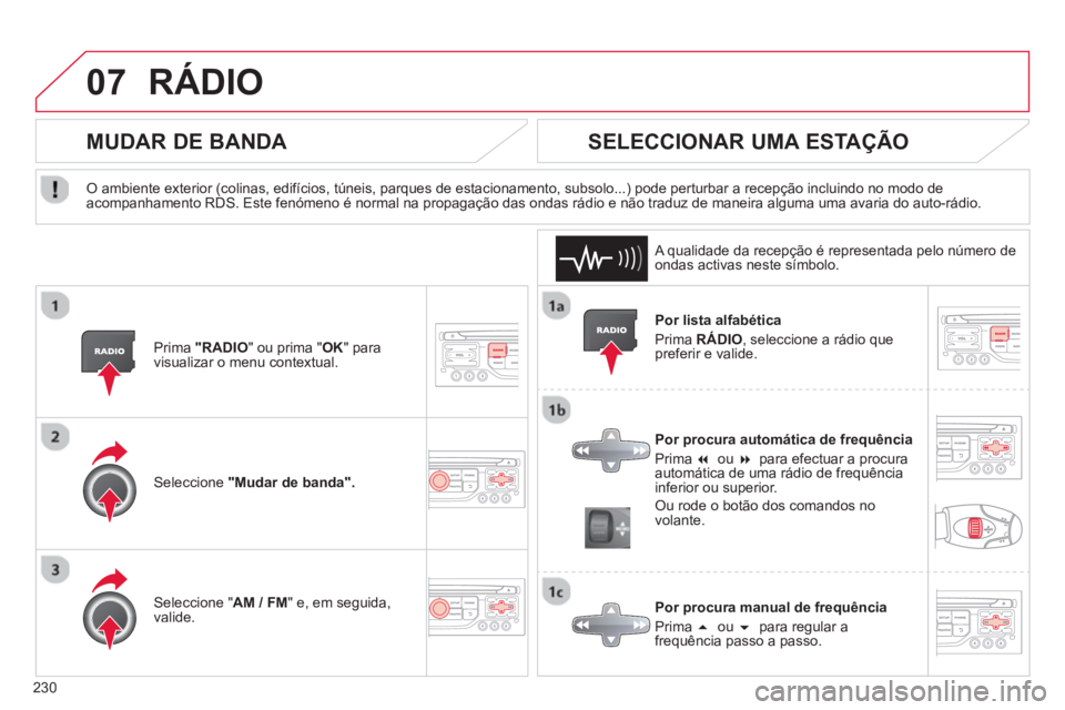 CITROEN C3 2014  Manual do condutor (in Portuguese) 07
230
RÁDIO 
   
Por lista alfabética
  Prim
a RÁDIO, seleccione a rádio quepreferir e valide.  
   
Por 
procura automática de frequência
  Prim
a �ou �para efectuar a procura 
automática d