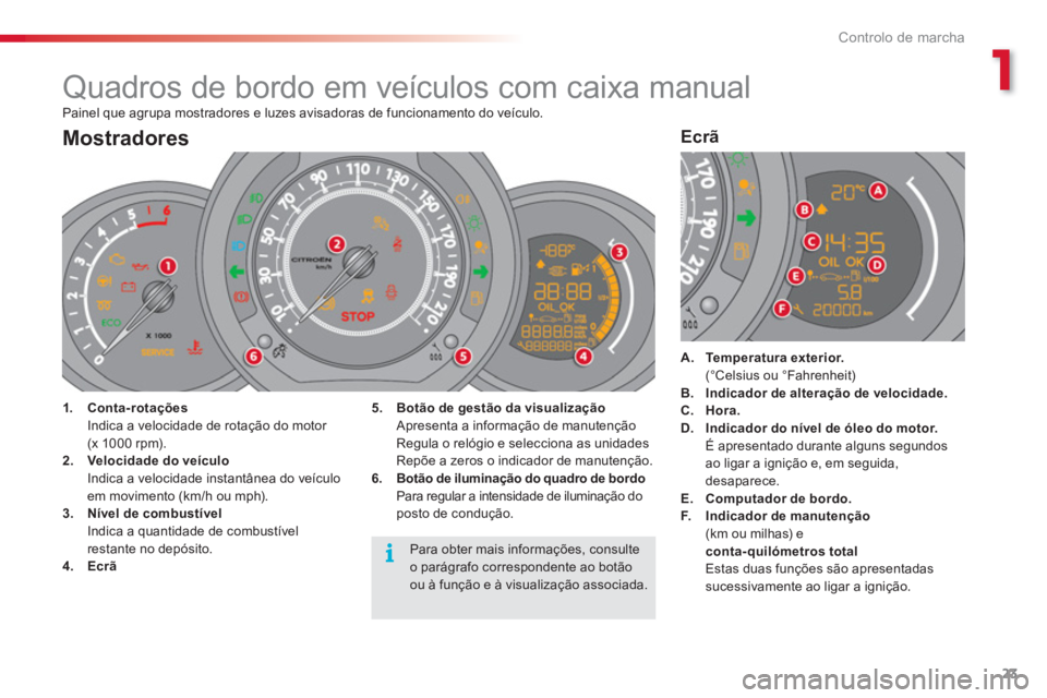CITROEN C3 2014  Manual do condutor (in Portuguese) 1
Controlo de marcha
23
  Painel que agrupa mostradores e luzes avisadoras de funcionamento do veículo. 
 
 
 
 
 
 
 
 
 
 
 
 
 
 
 
 
 
 
 
 
 
 
 
 
Quadros de bordo em veículos com caixa manual