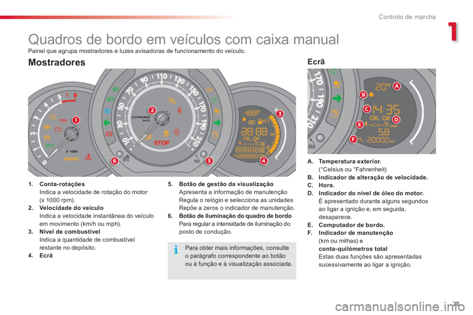 CITROEN C3 2014 Manual do condutor (in Portuguese) 1
Controlo de marcha
23
Painel que agrupa mostradores e luzes avisadoras de funcionamento do veículo.
Quadros de bordo em veículos com caixa manual CITROEN C3 2014 Manual do condutor (in Portuguese) 1
Controlo de marcha
23
Painel que agrupa mostradores e luzes avisadoras de funcionamento do veículo.
Quadros de bordo em veículos com caixa manual