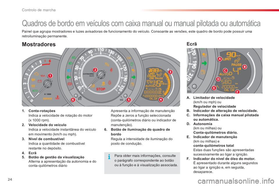 CITROEN C3 2014  Manual do condutor (in Portuguese) Controlo de marcha
24
   
 
 
 
 
 
 
 
 
 
 
 
 
 
 
 
 
Quadros de bordo em veículos com caixa manual ou manual pilotada ou automática 
Painel que agrupa mostradores e luzes avisadoras de funciona