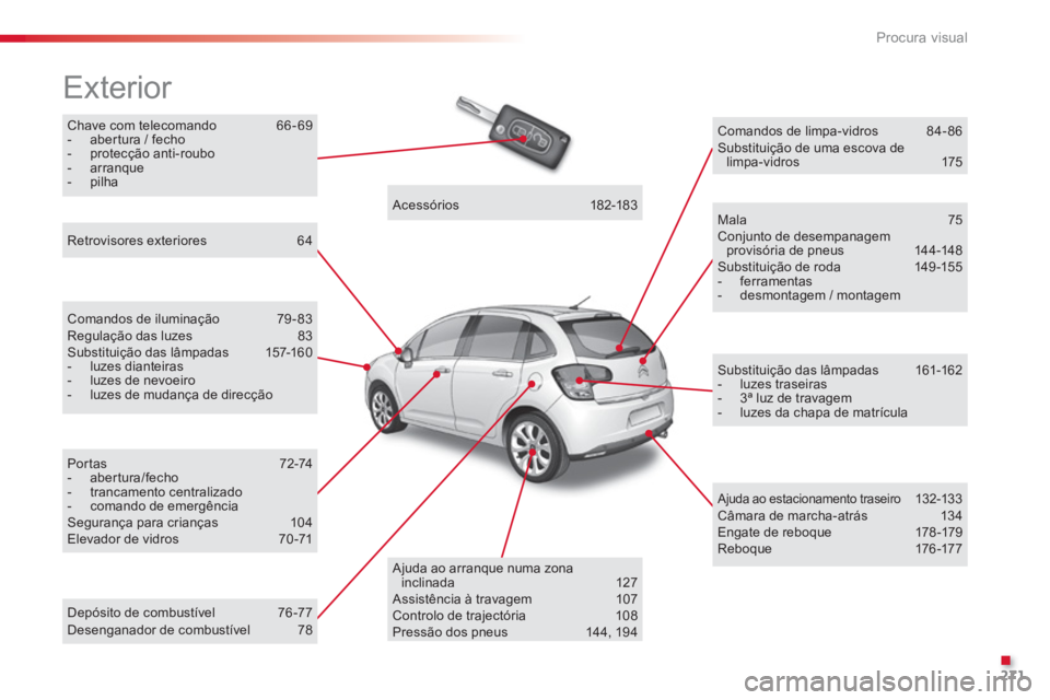 CITROEN C3 2014 Manual do condutor (in Portuguese) .
Procura visual
271
Chave com telecomando 66-69 - abertura / fecho - protecção anti-roubo - arranque- pilha
Exterior
Comandos de iluminação 79 - 83 Regulação das luzes 83Substit CITROEN C3 2014 Manual do condutor (in Portuguese) .
Procura visual
271
Chave com telecomando 66-69 - abertura / fecho - protecção anti-roubo - arranque- pilha
Exterior
Comandos de iluminação 79 - 83 Regulação das luzes 83Substit