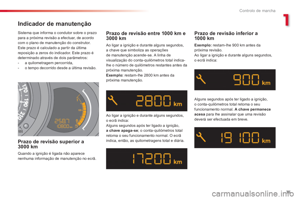 CITROEN C3 2014  Manual do condutor (in Portuguese) 1
Controlo de marcha
35
  Sistema que informa o condutor sobre o prazopara a próxima revisão a efectuar, de acordo com o plano de manutenção do construtor. 
  Este prazo é calculado a par tir da 