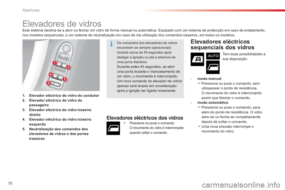 CITROEN C3 2014  Manual do condutor (in Portuguese) Aberturas
70
   
 
 
 
 
 
 
 
 
 
 
 
 
 
 
 
 
Elevadores de vidros Este sistema destina-se a abrir ou fechar um vidro de forma manual ou automática. Equipado com um sistema de protecção em caso 