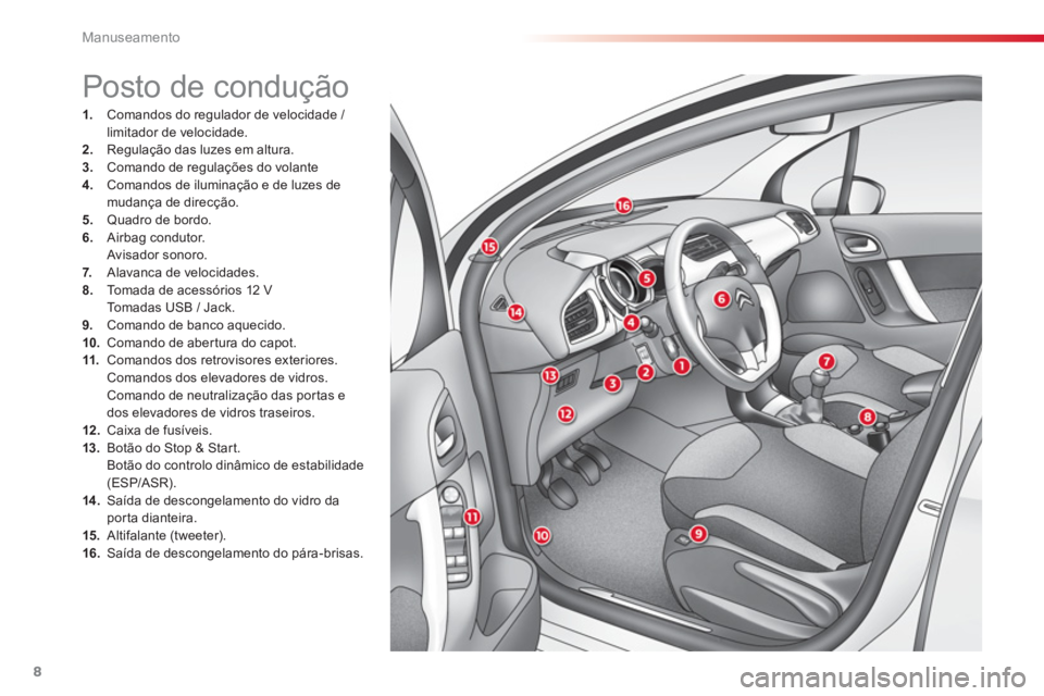 CITROEN C3 2014  Manual do condutor (in Portuguese) Manuseamento
8
1.   Comandos do regulador de velocidade / limitador de velocidade. 2. 
  Regulação das luzes em altura.3. 
  Comando de regulações do volante 4. 
 Comandos de iluminação e de luz