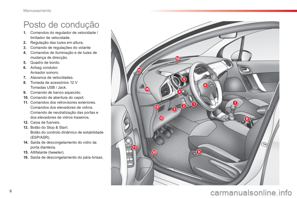 CITROEN C3 2014 Manual do condutor (in Portuguese) Manuseamento
8
1. Comandos do regulador de velocidade / limitador de velocidade. 2.
Regulação das luzes em altura.3.
Comando de regulações do volante 4.
Comandos de iluminação e de luz CITROEN C3 2014 Manual do condutor (in Portuguese) Manuseamento
8
1. Comandos do regulador de velocidade / limitador de velocidade. 2.
Regulação das luzes em altura.3.
Comando de regulações do volante 4.
Comandos de iluminação e de luz