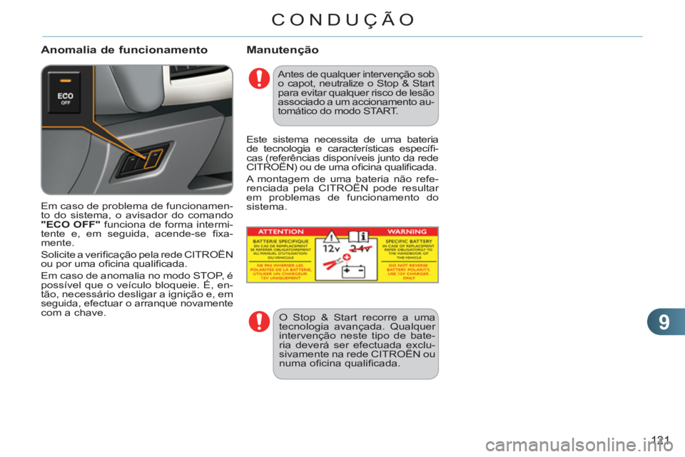 CITROEN C3 2013  Manual do condutor (in Portuguese) 9
121
CONDUÇÃO
   
Anomalia de funcionamento Manutenção
 
Em caso de problema de funcionamen-
to do sistema, o avisador do comando 
  "ECO OFF" 
 funciona de forma intermi-
tente e, em seguida, ac