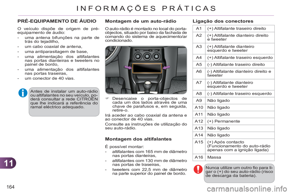 CITROEN C3 2013  Manual do condutor (in Portuguese) 11
164
INFORMAÇÕES PRÁTICAS
PRÉ-EQUIPAMENTO DE ÁUDIO
  O veículo dispõe de origem de pré-
equipamento de áudio: 
   
 
-   uma antena bifunções na parte de 
trás do tejadilho, 
   
-   um 