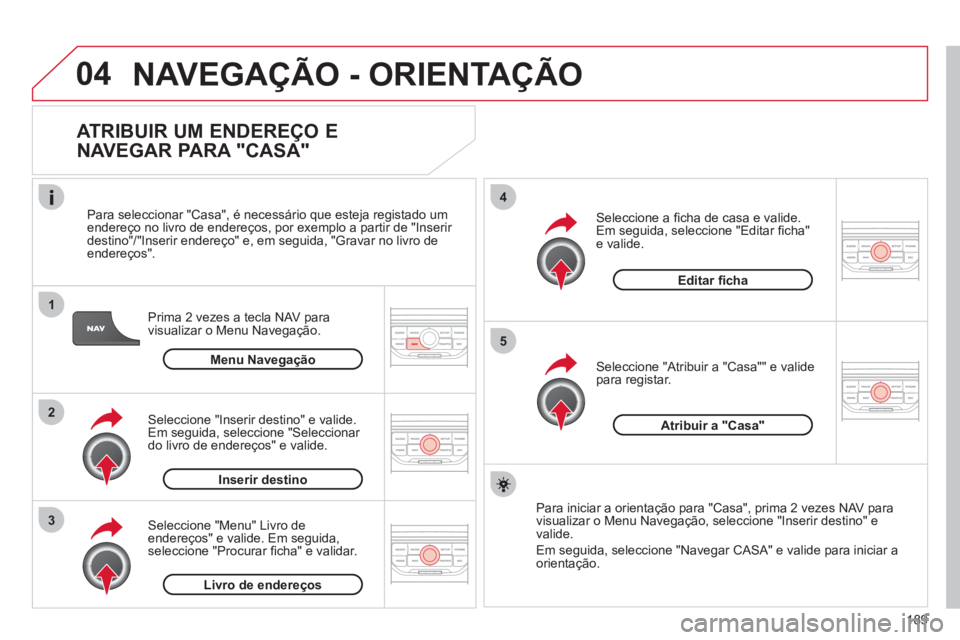CITROEN C3 2013 Manual do condutor (in Portuguese) 189
04
1
2
3
5
4
NAVEGAÇÃO - ORIENTAÇÃO
ATRIBUIR UM ENDEREÇO E
NAVEGAR PARA "CASA"
Prima 2 vezes a tecla NAV para
visualizar o Menu Navegação.
Para seleccionar "
Casa", é necess CITROEN C3 2013 Manual do condutor (in Portuguese) 189
04
1
2
3
5
4
NAVEGAÇÃO - ORIENTAÇÃO
ATRIBUIR UM ENDEREÇO E
NAVEGAR PARA "CASA"
Prima 2 vezes a tecla NAV para
visualizar o Menu Navegação.
Para seleccionar "
Casa", é necess