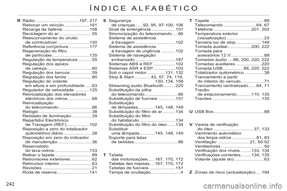 CITROEN C3 2013  Manual do condutor (in Portuguese) 242
ÍNDICE ALFABÉTICO
R Rádio .................................. 197, 217
  Rebocar um veículo ................... 161
  Recarga da bateria ..................... 158
  Reciclagem do ar ...........