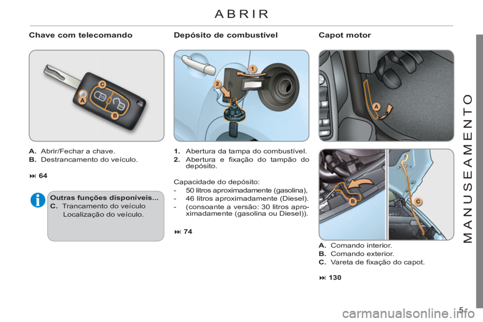 CITROEN C3 2013  Manual do condutor (in Portuguese) 5
M
ANU
S
EAMENT
O
   
Chave com telecomando Depósito de combustível 
 
 
 
1. 
  Abertura da tampa do combustível. 
   
2. 
 Abertura e ﬁ xação do tampão do 
depósito.      
A. 
  Abrir/Fech