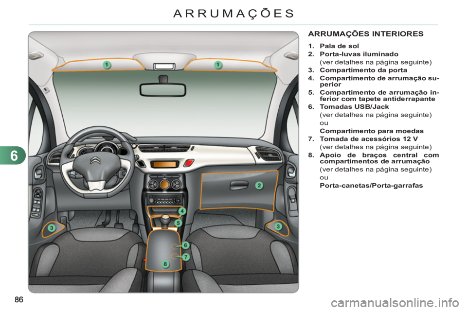 CITROEN C3 2013 Manual do condutor (in Portuguese) 6
ARRUMAÇÕES
ARRUMAÇÕES INTERIORES
1.
Pala de sol
2.
Porta-luvas iluminado
(ver detalhes na página seguinte)
3.
Compartimento da porta
4.
Compartiment CITROEN C3 2013 Manual do condutor (in Portuguese) 6
ARRUMAÇÕES
ARRUMAÇÕES INTERIORES
1.
Pala de sol
2.
Porta-luvas iluminado
(ver detalhes na página seguinte)
3.
Compartimento da porta
4.
Compartiment