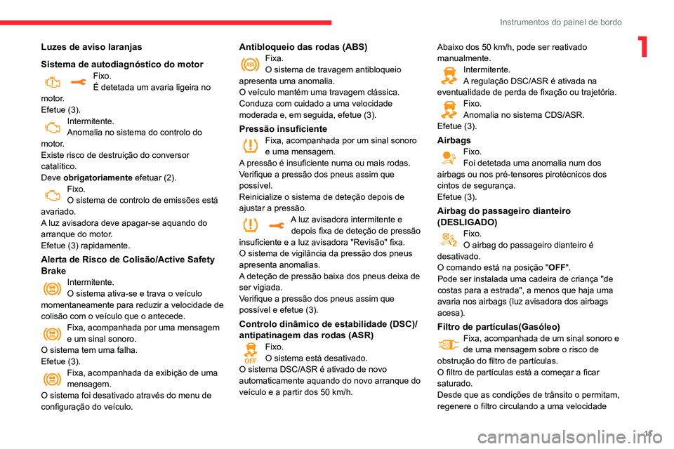 CITROEN C3 AIRCROSS 2021 Manual do condutor (in Portuguese) 11
Instrumentos do painel de bordo
1Luzes de aviso laranjas
Sistema de autodiagnóstico do motor
Fixo.É detetada um avaria ligeira no
motor.
Efetue (3).
Intermitente.Anomalia no sistema do controlo CITROEN C3 AIRCROSS 2021 Manual do condutor (in Portuguese) 11
Instrumentos do painel de bordo
1Luzes de aviso laranjas
Sistema de autodiagnóstico do motor
Fixo.É detetada um avaria ligeira no
motor.
Efetue (3).
Intermitente.Anomalia no sistema do controlo