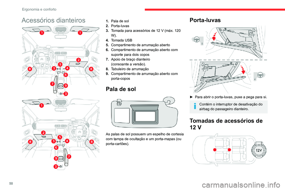 CITROEN C3 AIRCROSS 2021 Manual do condutor (in Portuguese) 50
Ergonomia e conforto
Acessórios dianteiros1.Pala de sol
2. Porta-luvas
3. Tomada para acessórios de 12 V (máx. 120
W).
4. Tomada USB
5. Compartimento de arrumação aberto
6. Compartimento de a CITROEN C3 AIRCROSS 2021 Manual do condutor (in Portuguese) 50
Ergonomia e conforto
Acessórios dianteiros1.Pala de sol
2. Porta-luvas
3. Tomada para acessórios de 12 V (máx. 120
W).
4. Tomada USB
5. Compartimento de arrumação aberto
6. Compartimento de a