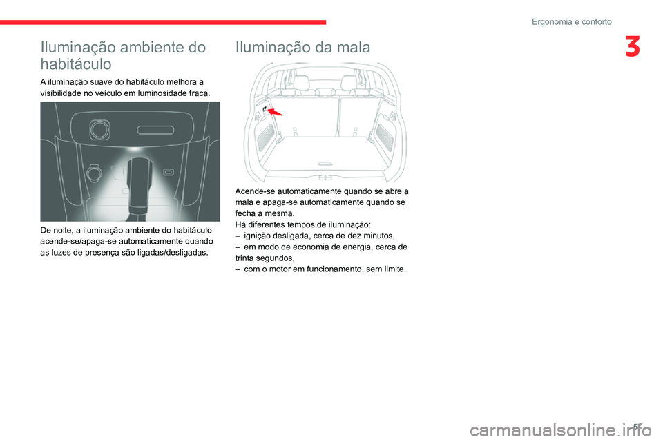 CITROEN C3 AIRCROSS 2021 Manual do condutor (in Portuguese) 57
Ergonomia e conforto
3Iluminação ambiente do
habitáculo
A iluminação suave do habitáculo melhora a
visibilidade no veículo em luminosidade fraca.
De noite, a iluminação ambiente do h CITROEN C3 AIRCROSS 2021 Manual do condutor (in Portuguese) 57
Ergonomia e conforto
3Iluminação ambiente do
habitáculo
A iluminação suave do habitáculo melhora a
visibilidade no veículo em luminosidade fraca.
De noite, a iluminação ambiente do h