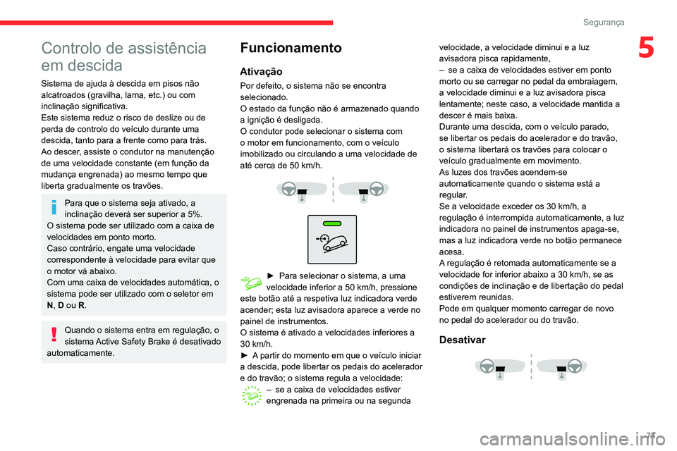 CITROEN C3 AIRCROSS 2021 Manual do condutor (in Portuguese) 73
Segurança
5Controlo de assistência
em descida
Sistema de ajuda à descida em pisos não
alcatroados (gravilha, lama, etc.) ou com
inclinação significativa.
Este sistema reduz o risco de desl CITROEN C3 AIRCROSS 2021 Manual do condutor (in Portuguese) 73
Segurança
5Controlo de assistência
em descida
Sistema de ajuda à descida em pisos não
alcatroados (gravilha, lama, etc.) ou com
inclinação significativa.
Este sistema reduz o risco de desl