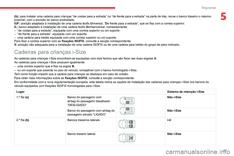 CITROEN C3 AIRCROSS 2021 Manual do condutor (in Portuguese) 87
Segurança
5(b): para instalar uma cadeira para crianças “de costas para a estrada” ou “de frente para a estrada” na parte de trás, recue o banco traseiro o máximo
possível, com o enco CITROEN C3 AIRCROSS 2021 Manual do condutor (in Portuguese) 87
Segurança
5(b): para instalar uma cadeira para crianças “de costas para a estrada” ou “de frente para a estrada” na parte de trás, recue o banco traseiro o máximo
possível, com o enco