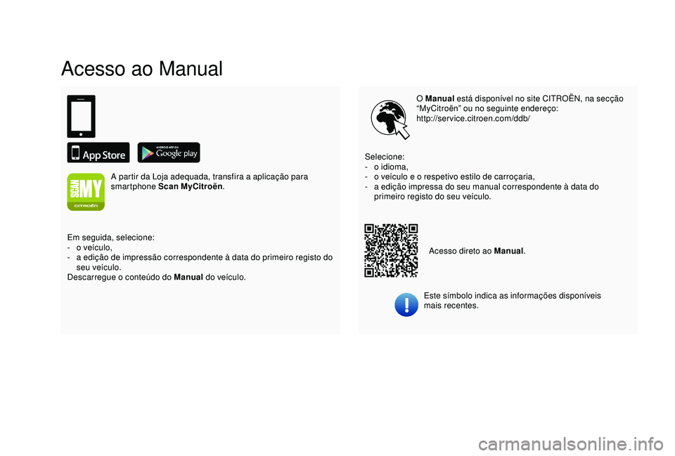 CITROEN C3 AIRCROSS 2019 Manual do condutor (in Portuguese) Acesso ao Manual
O Manual está disponível no site CITROËN, na secção
“MyCitroën” ou no seguinte endereço:
http://service.citroen.com/ddb/
Este símbolo indica as informações disponíveis CITROEN C3 AIRCROSS 2019 Manual do condutor (in Portuguese) Acesso ao Manual
O Manual está disponível no site CITROËN, na secção
“MyCitroën” ou no seguinte endereço:
http://service.citroen.com/ddb/
Este símbolo indica as informações disponíveis