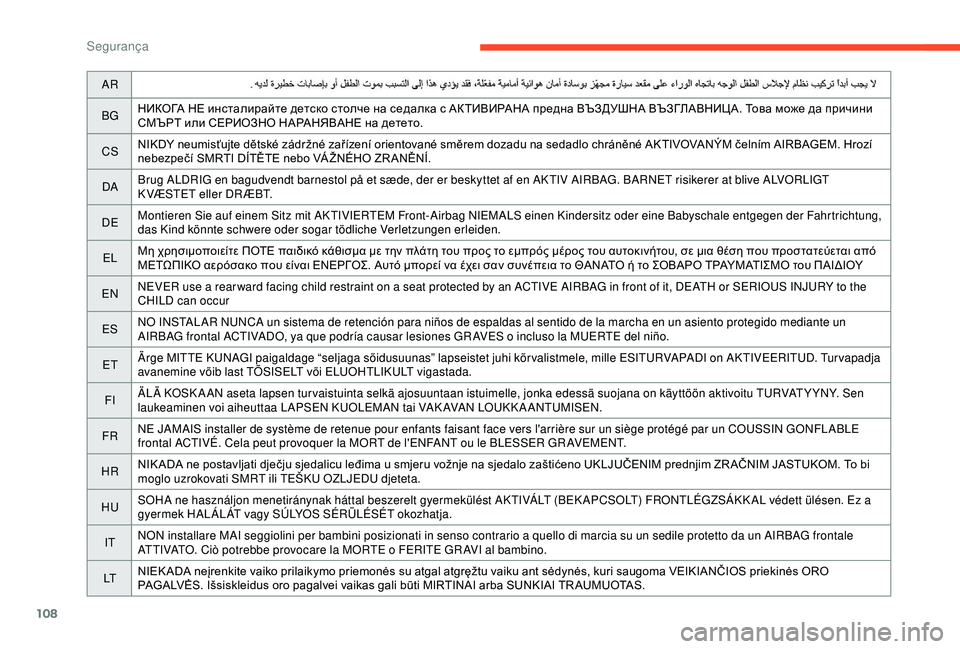 CITROEN C3 AIRCROSS 2019 Manual do condutor (in Portuguese) 108
AR
BG НИКОГА НЕ инсталирайте детско столче на седалка с АКТИВИРАНА предна ВЪЗДУШНА ВЪЗГЛАВНИЦА. Това може да CITROEN C3 AIRCROSS 2019 Manual do condutor (in Portuguese) 108
AR
BG НИКОГА НЕ инсталирайте детско столче на седалка с АКТИВИРАНА предна ВЪЗДУШНА ВЪЗГЛАВНИЦА. Това може да