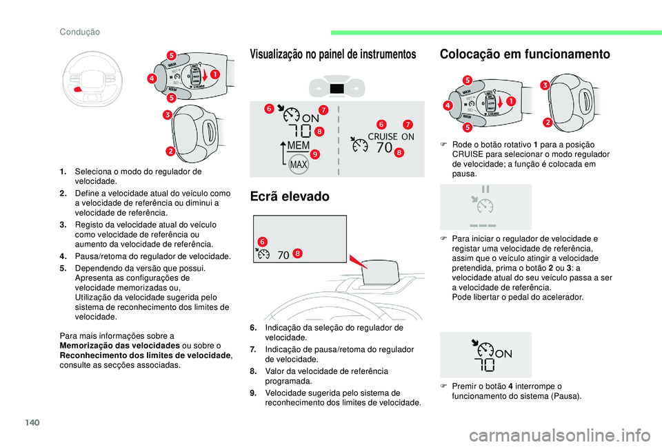CITROEN C3 AIRCROSS 2019 Manual do condutor (in Portuguese) 140
F Rode o botão rotativo 1 para a posição CRUISE para selecionar o modo regulador
de velocidade; a função é colocada em
pausa.
Para mais informações sobre a
Memorização das velocidades CITROEN C3 AIRCROSS 2019 Manual do condutor (in Portuguese) 140
F Rode o botão rotativo 1 para a posição CRUISE para selecionar o modo regulador
de velocidade; a função é colocada em
pausa.
Para mais informações sobre a
Memorização das velocidades