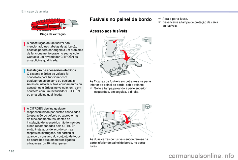 CITROEN C3 AIRCROSS 2019 Manual do condutor (in Portuguese) 198
Pinça de extração
A substituição de um fusível não
mencionado nas tabelas de atribuição
opostas poderá dar origem a um problema
de funcionamento grave no seu veículo.
Contacte um re CITROEN C3 AIRCROSS 2019 Manual do condutor (in Portuguese) 198
Pinça de extração
A substituição de um fusível não
mencionado nas tabelas de atribuição
opostas poderá dar origem a um problema
de funcionamento grave no seu veículo.
Contacte um re