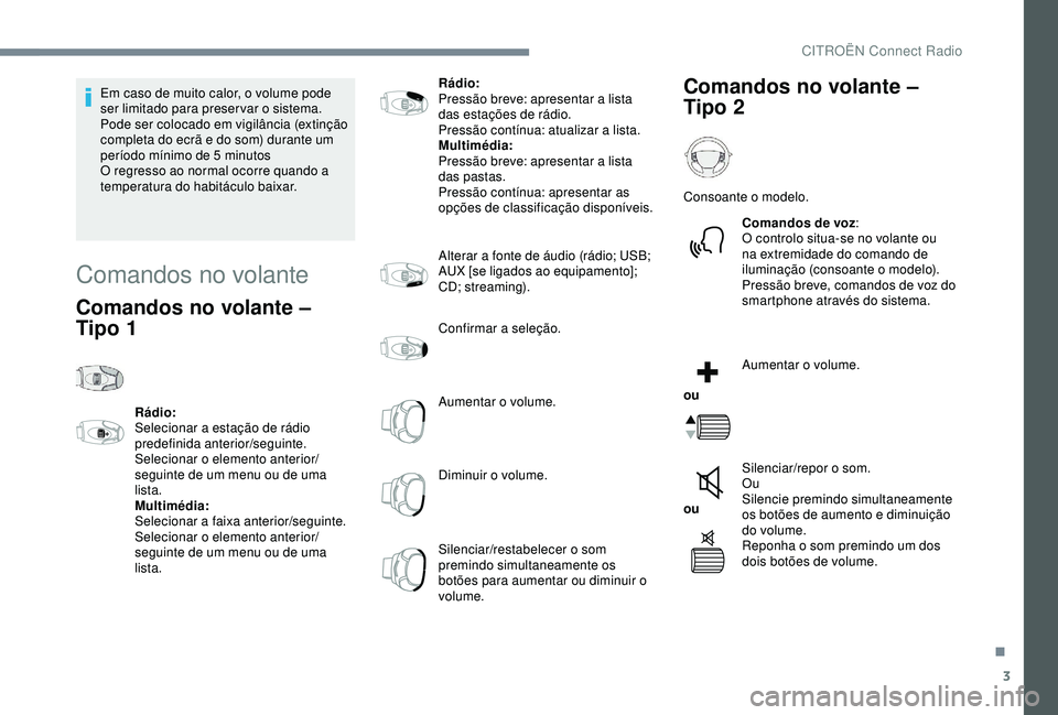 CITROEN C3 AIRCROSS 2019 Manual do condutor (in Portuguese) 3
Em caso de muito calor, o volume pode
ser limitado para preservar o sistema.
Pode ser colocado em vigilância (extinção
completa do ecrã e do som) durante um
período mínimo de 5 minutos
O CITROEN C3 AIRCROSS 2019 Manual do condutor (in Portuguese) 3
Em caso de muito calor, o volume pode
ser limitado para preservar o sistema.
Pode ser colocado em vigilância (extinção
completa do ecrã e do som) durante um
período mínimo de 5 minutos
O