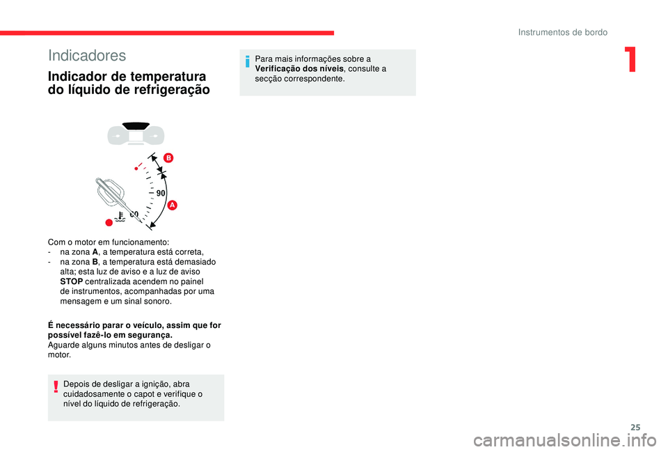 CITROEN C3 AIRCROSS 2019 Manual do condutor (in Portuguese) 25
Indicadores
Indicador de temperatura
do líquido de refrigeração
Com o motor em funcionamento:
- n a zona A , a temperatura está correta,
-
n
a zona B , a temperatura está demasiado
alta; CITROEN C3 AIRCROSS 2019 Manual do condutor (in Portuguese) 25
Indicadores
Indicador de temperatura
do líquido de refrigeração
Com o motor em funcionamento:
- n a zona A , a temperatura está correta,
-
n
a zona B , a temperatura está demasiado
alta;