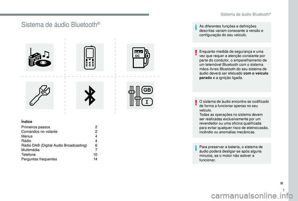 CITROEN C3 AIRCROSS 2019 Manual do condutor (in Portuguese) 1
Sistema de áudio Bluetooth®
Índice
Primeiros passos
2
C
omandos no volante
2
M
enus
4
R
ádio 4
Rádio DAB (Digital Audio Broadcasting)
6
M
ultimédia
7
T
elefone
1
0
Perguntas f CITROEN C3 AIRCROSS 2019 Manual do condutor (in Portuguese) 1
Sistema de áudio Bluetooth®
Índice
Primeiros passos
2
C
omandos no volante
2
M
enus
4
R
ádio 4
Rádio DAB (Digital Audio Broadcasting)
6
M
ultimédia
7
T
elefone
1
0
Perguntas f