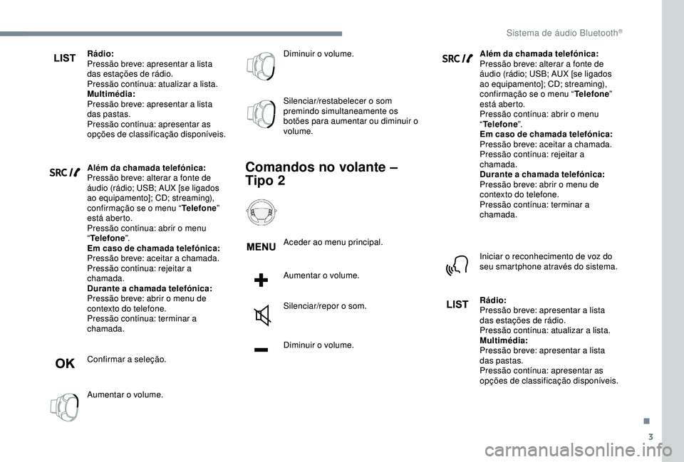 CITROEN C3 AIRCROSS 2019 Manual do condutor (in Portuguese) 3
Rádio:
Pressão breve: apresentar a lista
das estações de rádio.
Pressão contínua: atualizar a lista.
Multimédia:
Pressão breve: apresentar a lista
das pastas.
Pressão contínua: apresent CITROEN C3 AIRCROSS 2019 Manual do condutor (in Portuguese) 3
Rádio:
Pressão breve: apresentar a lista
das estações de rádio.
Pressão contínua: atualizar a lista.
Multimédia:
Pressão breve: apresentar a lista
das pastas.
Pressão contínua: apresent