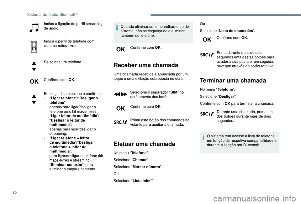 CITROEN C3 AIRCROSS 2019 Manual do condutor (in Portuguese) 12
Indica a ligação do per fil streaming
de áudio.
Indica o per fil de telefone com
sistema mãos-livres.
Selecione um telefone.
Confirme com OK.
Em seguida, selecione e confirme:
- “Ligar tel CITROEN C3 AIRCROSS 2019 Manual do condutor (in Portuguese) 12
Indica a ligação do per fil streaming
de áudio.
Indica o per fil de telefone com
sistema mãos-livres.
Selecione um telefone.
Confirme com OK.
Em seguida, selecione e confirme:
- “Ligar tel