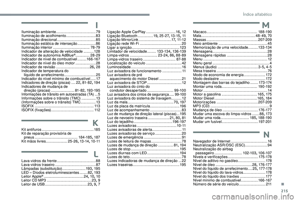CITROEN C3 AIRCROSS 2019 Manual do condutor (in Portuguese) 215
IIluminação ambiente ....................................... 79
Iluminação de acolhimento .............................83
Iluminação direcional
...................................... 85
CITROEN C3 AIRCROSS 2019 Manual do condutor (in Portuguese) 215
IIluminação ambiente ....................................... 79
Iluminação de acolhimento .............................83
Iluminação direcional
...................................... 85