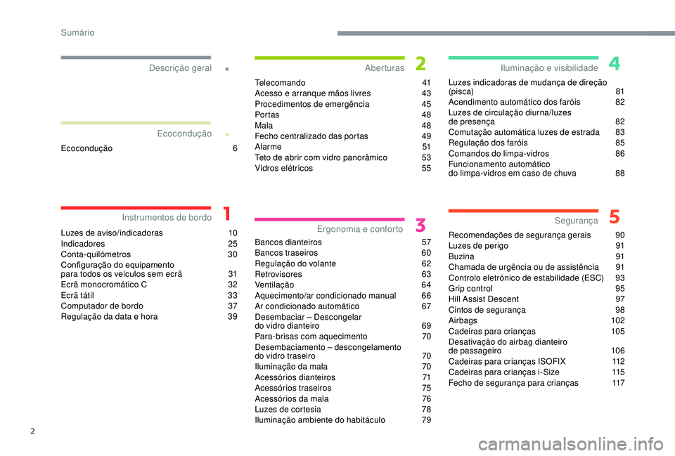 CITROEN C3 AIRCROSS 2019  Manual do condutor (in Portuguese) 2
.
.
Luzes de aviso/indicadoras 10
Indicadores  25
Conta-quilómetros
 3

0
Configuração do equipamento  
para todos os veículos sem ecrã
 
3
 1
Ecrã monocromático C
 
3
 2
Ecrã tátil
 
3
 3
