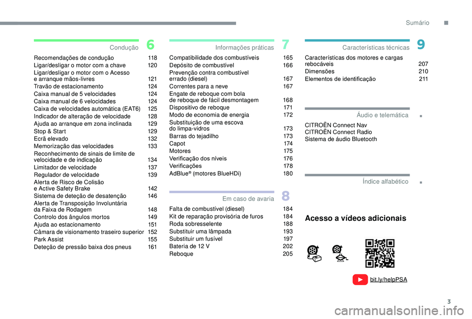 CITROEN C3 AIRCROSS 2019  Manual do condutor (in Portuguese) 3
.
.
bit.ly/helpPSA
Recomendações de condução 118
Ligar/desligar o motor com a chave  1 20
Ligar/desligar o motor com o Acesso 
e
  arranque mãos-livres  
1
 21
Travão de estacionamento
 
1
 24