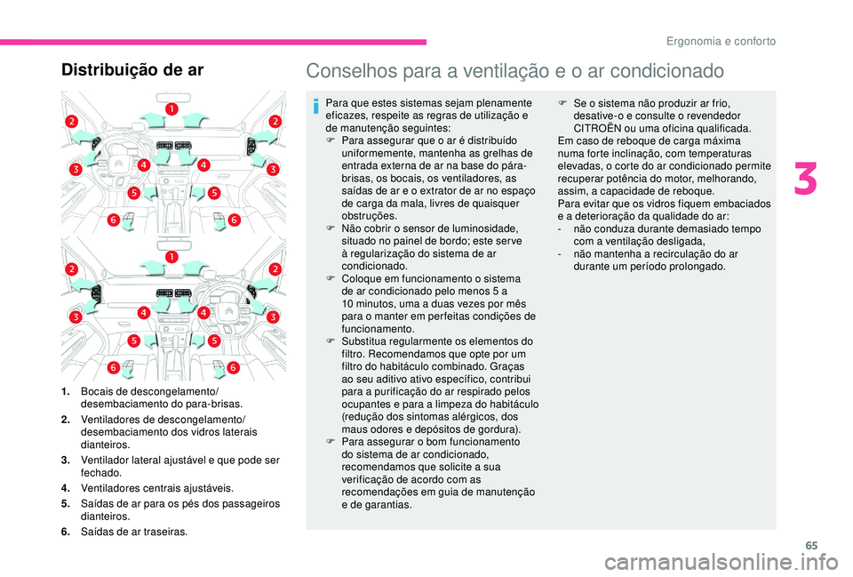 CITROEN C3 AIRCROSS 2019 Manual do condutor (in Portuguese) 65
Distribuição de arConselhos para a ventilação e o ar condicionado
Para que estes sistemas sejam plenamente
eficazes, respeite as regras de utilização e
de manutenção seguintes:
F
P
ara CITROEN C3 AIRCROSS 2019 Manual do condutor (in Portuguese) 65
Distribuição de arConselhos para a ventilação e o ar condicionado
Para que estes sistemas sejam plenamente
eficazes, respeite as regras de utilização e
de manutenção seguintes:
F
P
ara