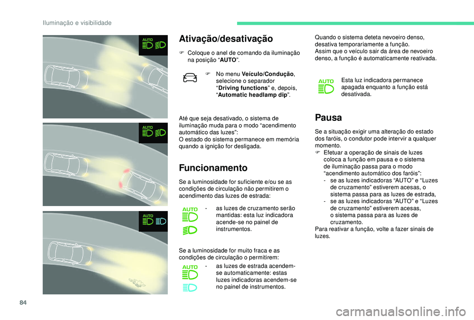 CITROEN C3 AIRCROSS 2019 Manual do condutor (in Portuguese) 84
Ativação/desativação
F Coloque o anel de comando da iluminação na posição “ AUTO”.
Até que seja desativado, o sistema de
iluminação muda para o modo “acendimento
automático das CITROEN C3 AIRCROSS 2019 Manual do condutor (in Portuguese) 84
Ativação/desativação
F Coloque o anel de comando da iluminação na posição “ AUTO”.
Até que seja desativado, o sistema de
iluminação muda para o modo “acendimento
automático das
