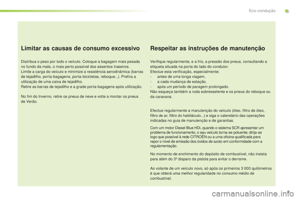 CITROEN C3 PICASSO 2015 Manual do condutor (in Portuguese) 9
C3Picasso_pt_Chap00c_eco-conduite_ed01-2014
Limitar as causas de consumo excessivo
distribua o peso por todo o veículo. Coloque a bagagem mais pesada
no fundo da mala, o mais perto possível dos a CITROEN C3 PICASSO 2015 Manual do condutor (in Portuguese) 9
C3Picasso_pt_Chap00c_eco-conduite_ed01-2014
Limitar as causas de consumo excessivo
distribua o peso por todo o veículo. Coloque a bagagem mais pesada
no fundo da mala, o mais perto possível dos a