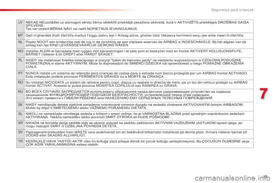 CITROEN C3 PICASSO 2015 Manual do condutor (in Portuguese) lVNEK AD NEuzstādiet uz aizmuguri vērstu bērnu sēdeklīti priekšējā pasažiera sēdvietā, kurā ir AKTIVIZĒTS priekšējais DROŠĪBAS GAISA sPilVe n s.
T
as var izraisīt BĒRNA NĀVI vai ra CITROEN C3 PICASSO 2015 Manual do condutor (in Portuguese) lVNEK AD NEuzstādiet uz aizmuguri vērstu bērnu sēdeklīti priekšējā pasažiera sēdvietā, kurā ir AKTIVIZĒTS priekšējais DROŠĪBAS GAISA sPilVe n s.
T
as var izraisīt BĒRNA NĀVI vai ra