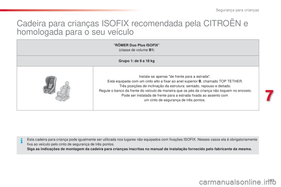 CITROEN C3 PICASSO 2015 Manual do condutor (in Portuguese) 103
C3Picasso_pt_Chap07_securite-enfants_ed01-2014
Cadeira para crianças isOFiX r ecomendada pela Ci trO Ën e
homologada para o seu veículo
" RÖMER Duo Plus ISOFIX "
(classe de volume B1 CITROEN C3 PICASSO 2015 Manual do condutor (in Portuguese) 103
C3Picasso_pt_Chap07_securite-enfants_ed01-2014
Cadeira para crianças isOFiX r ecomendada pela Ci trO Ën e
homologada para o seu veículo
" RÖMER Duo Plus ISOFIX "
(classe de volume B1