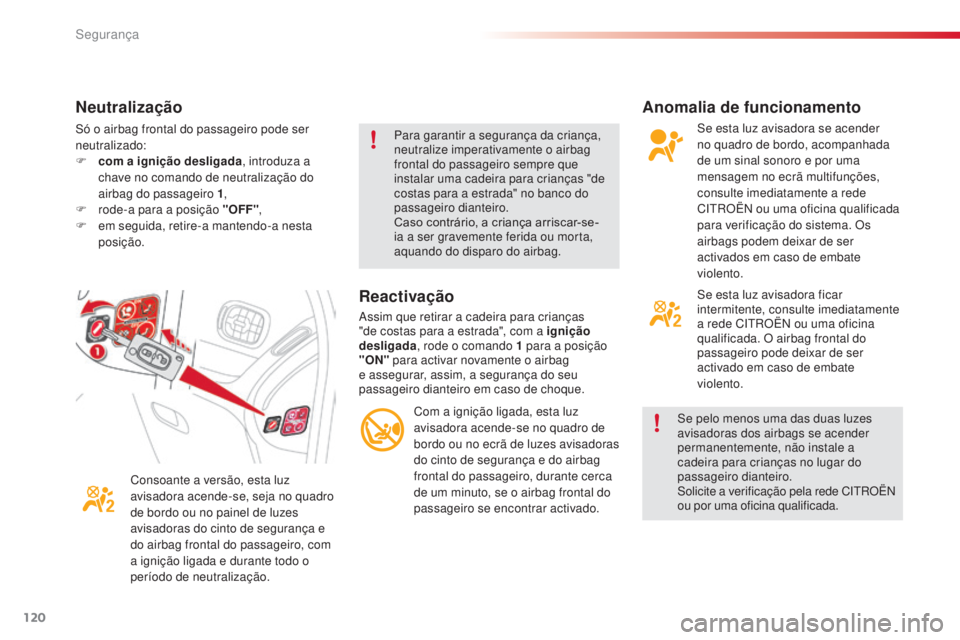 CITROEN C3 PICASSO 2015  Manual do condutor (in Portuguese) 120
C3Picasso_pt_Chap08_securite_ed01-2014
Anomalia de funcionamento
se esta luz avisadora se acender 
no quadro de bordo, acompanhada 
de um sinal sonoro e por uma 
mensagem no ecrã multifunções, 