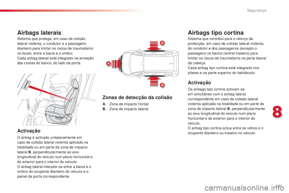 CITROEN C3 PICASSO 2015  Manual do condutor (in Portuguese) 121
C3Picasso_pt_Chap08_securite_ed01-2014
Airbags laterais
Activação
O airbag é activado unilateralmente em 
caso de colisão lateral violenta aplicada na 
totalidade ou em parte da zona de impact