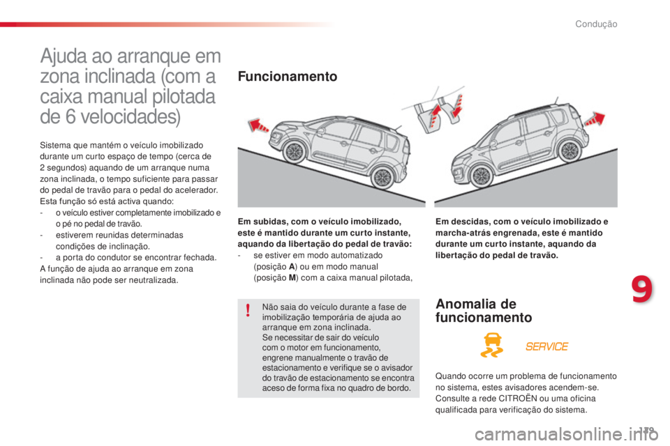 CITROEN C3 PICASSO 2015 Manual do condutor (in Portuguese) 129
C3Picasso_pt_Chap09_conduite_ed01-2014
ajuda ao arranque em
zona inclinada (com a
caixa manual pilotada
de 6
velocidades)
sistema que mantém o veículo imobilizado
durante um curto espaço CITROEN C3 PICASSO 2015 Manual do condutor (in Portuguese) 129
C3Picasso_pt_Chap09_conduite_ed01-2014
ajuda ao arranque em
zona inclinada (com a
caixa manual pilotada
de 6
velocidades)
sistema que mantém o veículo imobilizado
durante um curto espaço