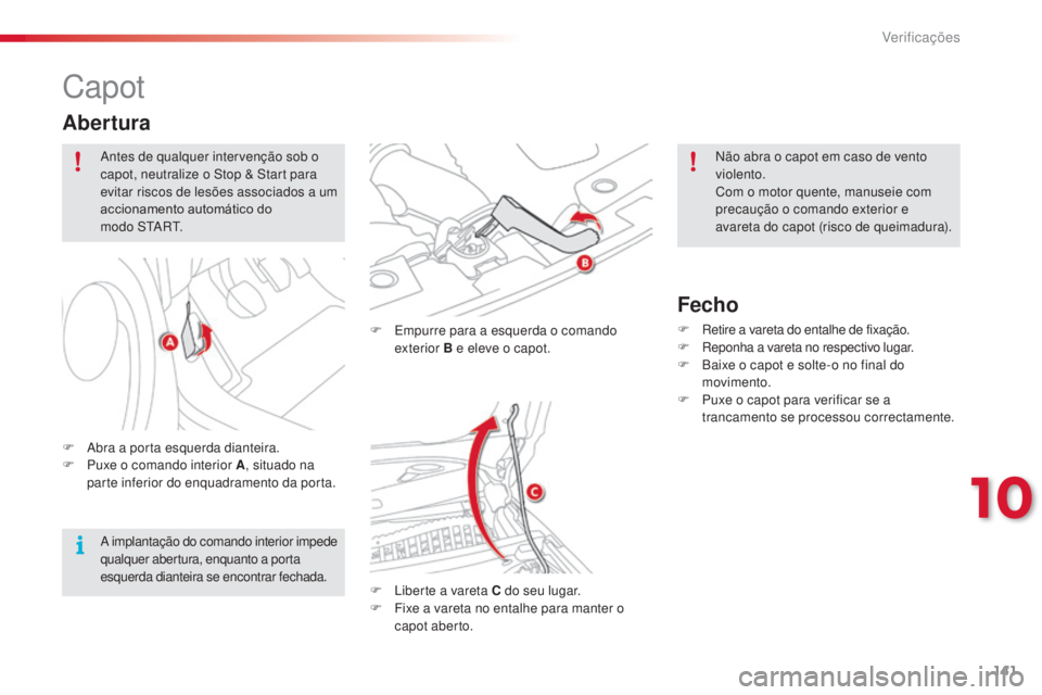 CITROEN C3 PICASSO 2015 Manual do condutor (in Portuguese) 141
C3Picasso_pt_Chap10_verification_ed01-2014
Capot
F empurre para a esquerda o comando exterior B e eleve o capot.
F
l
i
berte a vareta C do seu lugar.
F
F
ixe a vareta no entalhe para manter CITROEN C3 PICASSO 2015 Manual do condutor (in Portuguese) 141
C3Picasso_pt_Chap10_verification_ed01-2014
Capot
F empurre para a esquerda o comando exterior B e eleve o capot.
F
l
i
berte a vareta C do seu lugar.
F
F
ixe a vareta no entalhe para manter