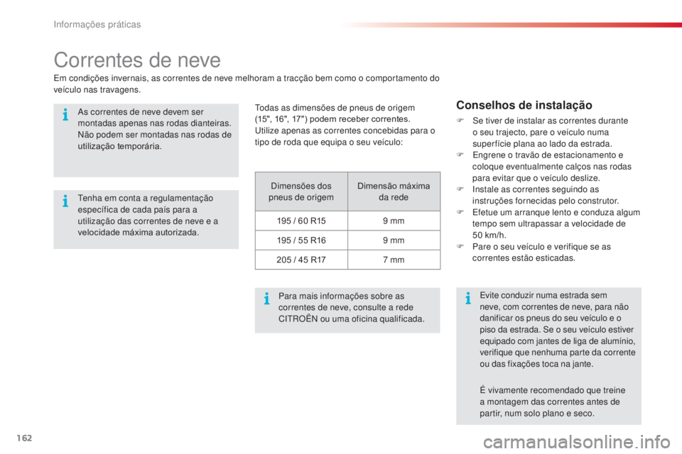 CITROEN C3 PICASSO 2015 Manual do condutor (in Portuguese) 162
C3Picasso_pt_Chap11_informations-pratiques_ed01-2014
Correntes de neve
dimensões dos
pneus de origem Dimensão máxima
da rede
195
/ 60 R15 9
mm
195
/ 55 R16 9
mm
205
/ 45 R17 7 CITROEN C3 PICASSO 2015 Manual do condutor (in Portuguese) 162
C3Picasso_pt_Chap11_informations-pratiques_ed01-2014
Correntes de neve
dimensões dos
pneus de origem Dimensão máxima
da rede
195
/ 60 R15 9
mm
195
/ 55 R16 9
mm
205
/ 45 R17 7