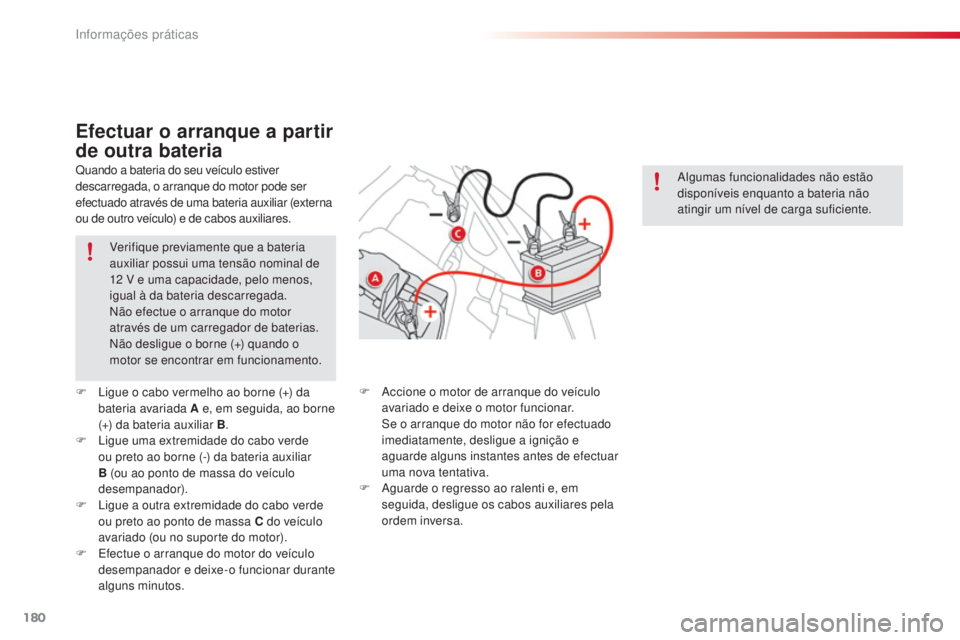 CITROEN C3 PICASSO 2015 Manual do condutor (in Portuguese) 180
C3Picasso_pt_Chap11_informations-pratiques_ed01-2014
Verifique previamente que a bateria
auxiliar possui uma tensão nominal de
12 V e uma capacidade, pelo menos,
igual à da bateria descarreg CITROEN C3 PICASSO 2015 Manual do condutor (in Portuguese) 180
C3Picasso_pt_Chap11_informations-pratiques_ed01-2014
Verifique previamente que a bateria
auxiliar possui uma tensão nominal de
12 V e uma capacidade, pelo menos,
igual à da bateria descarreg