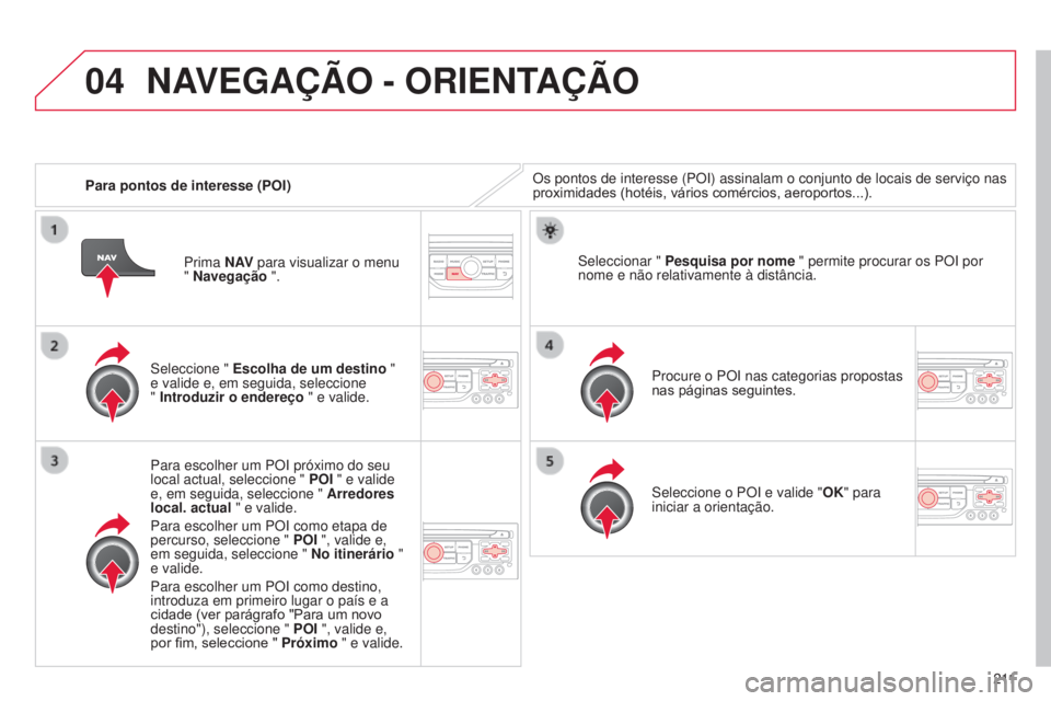 CITROEN C3 PICASSO 2015  Manual do condutor (in Portuguese) 04
2 11
C3Picasso_pt_Chap13b_rt6-2-8_ed01-2014
Para pontos de interesse (POI)Os pontos de interesse (PO i ) assinalam o conjunto de locais de serviço nas 
proximidades (hotéis, vários comércios, a