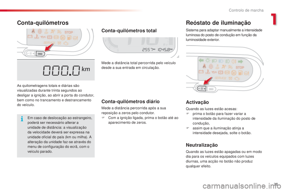CITROEN C3 PICASSO 2015  Manual do condutor (in Portuguese) 23
C3Picasso_pt_Chap01_controle-de-marche_ed01-2014
Conta-quilómetrosReóstato de iluminação
As quilometragens totais e diárias são 
visualizadas durante trinta segundos ao 
desligar a ignição,