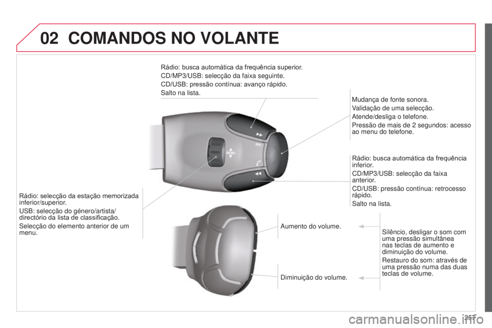 CITROEN C3 PICASSO 2015 Manual do condutor (in Portuguese) 02
257
C3Picasso_pt_Chap13c_RD45_ed01_2014
COMANDOS NO VOLANTE
Rádio: busca automática da frequência superior.
Cd /MP3/ us B: selecção da faixa seguinte.
CD/USB: pressão contínua: avanço rápi CITROEN C3 PICASSO 2015 Manual do condutor (in Portuguese) 02
257
C3Picasso_pt_Chap13c_RD45_ed01_2014
COMANDOS NO VOLANTE
Rádio: busca automática da frequência superior.
Cd /MP3/ us B: selecção da faixa seguinte.
CD/USB: pressão contínua: avanço rápi
