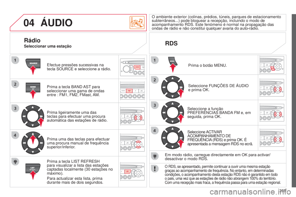CITROEN C3 PICASSO 2015 Manual do condutor (in Portuguese) 04
259
C3Picasso_pt_Chap13c_RD45_ed01_2014
ÁUDIO
efectue pressões sucessivas na
tecla SOURCE e seleccione a rádio.
Prima a tecla B
and
ast para
seleccionar uma gama de ondas
entre : FM1, FM2, CITROEN C3 PICASSO 2015 Manual do condutor (in Portuguese) 04
259
C3Picasso_pt_Chap13c_RD45_ed01_2014
ÁUDIO
efectue pressões sucessivas na
tecla SOURCE e seleccione a rádio.
Prima a tecla B
and
ast para
seleccionar uma gama de ondas
entre : FM1, FM2,